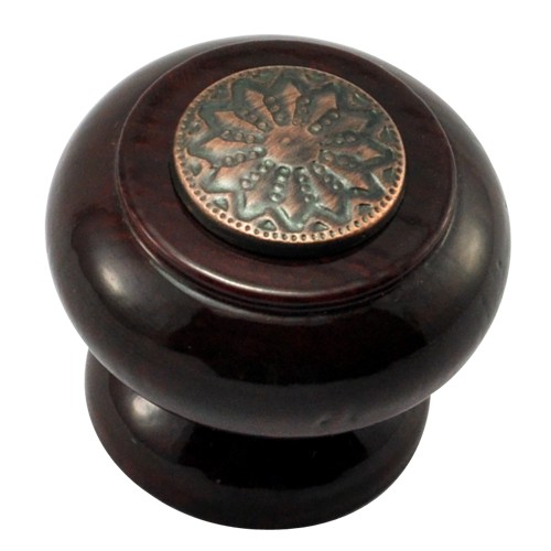 41mm Mushroom Wooden Cabinet Knob with Antique Copper Coin 